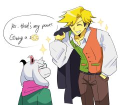  2boys aafff567346 animal_ears black_jacket blonde_hair brown_pants censored_profanity collared_shirt deltarune english_text flowery_(deltarune) furry furry_male goat_boy goat_ears green_vest hand_in_pocket highres holding holding_unworn_clothes holding_unworn_jacket horns jacket long_sleeves male_focus multiple_boys orange_vest pants pink_horns pink_scarf puffy_long_sleeves puffy_sleeves ralsei scarf shirt short_hair sparkle speech_bubble unworn_jacket utdr_(toby_fox) v-shaped_eyebrows very_short_hair vest white_shirt 