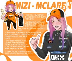  1girl alien_stage baseball_cap black_hat black_jumpsuit character_name commentary english_commentary english_text formula_one gradient_hair hat highres jumpsuit long_hair mizi_(alien_stage) multicolored_hair multiple_views nevrei orange_hat orange_jumpsuit pink_hair purple_hair thumbs_up two-tone_hair two-tone_hat two-tone_jumpsuit yellow_eyes 