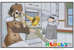  2girls absurdres brown_coat brown_hair buttons closed_mouth coat commentary_request copyright_name cowboy_shot dated eurasian_eagle_owl_(kemono_friends) expressionless fur_collar fur_trim grey_coat grey_hair guodong_haohao highres holding holding_instrument indoors instrument kemono_friends kitchen long_sleeves meme microwave multicolored_hair multiple_girls northern_white-faced_owl_(kemono_friends) oven pantyhose playing_instrument short_hair sitting standing sunglasses when_mama_isn't_home_(meme) white_pantyhose window 