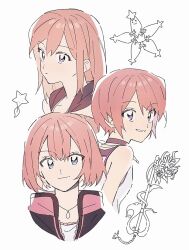  1girl age_progression attakaimizu7619 black_choker black_hood blue_eyes breasts camisole choker closed_mouth hair_between_eyes hood hood_down jewelry kairi_(kingdom_hearts) keyblade kingdom_hearts kingdom_hearts_ii kingdom_hearts_iii medium_hair multiple_views necklace paopu_fruit parted_lips pixie_cut portrait red_hair short_hair small_breasts smile solo upper_body white_background white_camisole 