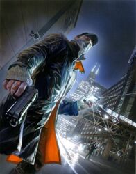  1boy aiden_pearce alex_ross black_coat building city city_lights coat fingerless_gloves gloves grey_mask gun holding holding_gun holding_weapon jacket male_focus mask outdoors skyscraper solo studded_jacket studded_mask studs watch_dogs weapon 