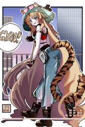  1girl absurdly_long_hair absurdres animal_ears aqua_nails arknights black_boots black_gloves blonde_hair blue_pants boots building claw_pose commentary_request crop_top ears_through_headwear english_text eyewear_on_headwear fingerless_gloves from_side gloves green_eyes hat highres korean_commentary long_hair looking_at_viewer midriff open_mouth pants prehensile_tail railing rieana single_claw_pose solo speech_bubble swire_(arknights) swire_the_elegant_wit_(arknights) swire_the_elegant_wit_(rhythmic_blocks)_(arknights) tail teeth tiger_ears tiger_girl tiger_tail upper_teeth_only very_long_hair 