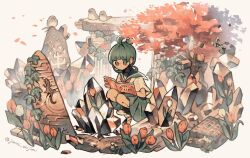  1girl ahoge ahoge_girl_(jimini_shijimi) artist_name bird bird_nest book commentary_request converse crystal flower green_eyes green_hair green_sailor_collar green_serafuku green_skirt highres holding holding_book instagram_username jimini_shijimi lizard neckerchief no_pupils original outdoors pleated_skirt reading red_neckerchief red_shoes ruins sailor_collar school_uniform serafuku shirt shoes short_sleeves sidelocks simple_background skeb_username skirt solo squatting tree twitter_username white_background white_shirt 