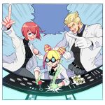  1boy 2girls blonde_hair blue_eyes blush controller glasses gloves goggles goggles_on_head green_gloves heris_ardebit joystick kray_foresight labcoat lucia_fex multicolored_hair multiple_girls muscular muscular_male pectorals pink_hair pointing promare ribbed_sweater short_hair sweater tnaym two-tone_hair white_gloves 