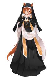 1girl alternate_costume animal_ears black_dress black_veil commentary cross cross_necklace dress ears_through_headwear english_commentary flat_chest full_body guimpe hair_between_eyes highres holding_rosary horse_ears horse_girl horse_tail interlocked_fingers jewelry latin_cross long_dress long_sleeves looking_down necklace nun nun_headdress orange_hair own_hands_clasped own_hands_together puffy_sleeves rosary s0jusag1 short_hair simple_background solo t.m._opera_o_(umamusume) tail traditional_nun umamusume veil white_background wimple 