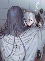 1boy 1girl absurdres azrael_(fate) braid brown_eyes colored_skin crying dark-skinned_male dark_skin earrings fate/grand_order fate_(series) from_behind gloves grey_hair grey_skin hair_between_eyes hair_ornament hair_ribbon highres holding holding_sword holding_weapon hoop_earrings jewelry kabedon long_hair olga_marie_animusphere open_mouth ribbon robe scar scar_on_cheek scar_on_chest scar_on_face scar_on_neck shimadzu3 single_braid sword tile_wall tiles torn_clothes torn_robe turn_pale weapon white_hair 