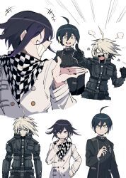  3boys absurdres ahoge android armor black_hair black_jacket brown_eyes buttons checkered_clothes danganronpa_(series) danganronpa_v3:_killing_harmony flipped_hair grey_hair hair_between_eyes highres jacket k1-b0 long_sleeves looking_at_viewer male_focus medium_hair multiple_boys oma_kokichi pants power_armor purple_hair sabaage saihara_shuichi short_hair simple_background smile teeth violet_eyes white_hair 