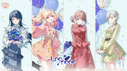  4girls :d arms_behind_back artist_name asymmetrical_sidelocks balloon black_boots blonde_hair blue_background blue_eyes blue_flower blue_hair blue_skirt blunt_bangs boots bouquet breasts buttons closed_mouth collared_dress column_lineup commentary_request company_name copyright_notice cowboy_shot cropped_jacket cross-laced_clothes cross-laced_dress dot_nose dress earrings english_text feet_out_of_frame floral_print floral_print_shirt floral_print_skirt floral_print_sleeves flower four-pointed_star frilled_skirt frills green_dress green_eyes grey_eyes group_name guest_art hair_ornament hand_up happy highres hinomori_shiho holding holding_balloon holding_bouquet hoshino_ichika_(project_sekai) jacket jewelry juliet_sleeves lapels large_breasts layered_skirt leo/need_(project_sekai) light_blush lineup long_hair long_skirt long_sleeves low_side_ponytail medium_hair mochizuki_honami multiple_girls necklace notched_lapels official_alternate_costume official_alternate_hair_ornament official_art open_clothes open_jacket open_mouth pink_eyes pink_hair pink_jacket pink_skirt ponytail print_shirt print_skirt project_sekai puffy_long_sleeves puffy_sleeves purple_flower red_dress second-party_source see-through_clothes see-through_sleeves shirt short_hair side_ponytail sidelocks single_sidelock skirt small_breasts smile standing standing_on_one_leg star_(symbol) star_hair_ornament swept_bangs tenma_saki thigh_boots too_many_balloons twintails ugonba_(howatoro) wavy_hair white_shirt 