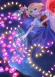  1girl absurdres alice_margatroid blonde_hair blue_dress blue_eyes book capelet closed_mouth commentary_request danmaku dress frilled_hairband frills grimoire grimoire_of_alice hairband highres himegami903 magic_circle moon night pink_hairband red_moon shanghai_doll sky smile solo star_(sky) starry_sky touhou white_capelet 