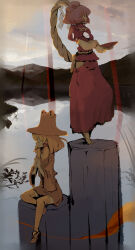  2girls closed_eyes commentary_request hat highres lake landscape long_skirt moriya_suwako mountain multiple_girls onbashira outdoors pillar rope shimenawa sitting skirt tcmk touhou water yasaka_kanako 
