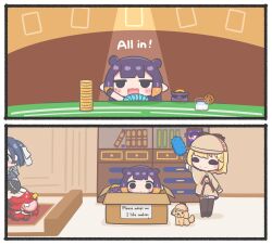  4girls ^_^ absurdres animal_ears black_hair blonde_hair blue_hair blush_stickers bookshelf box bubba_(watson_amelia) card cardboard_box closed_eyes cookie duster earrings fang feather_duster food hair_intakes hair_ornament hair_ribbon hakos_baelz hat highres hololive hololive_dreams hololive_english in_container jacket jewelry long_hair mole mole_under_eye monocle mouse_ears mpien multiple_girls ninomae_ina'nis open_mouth orange_hair ouro_kronii ouro_kronii_(1st_costume) pointy_ears poker poker_chip purple_hair red_hair ribbon sitting smile standing_on_person sunglasses tako_takover_(ninomae_ina'nis) takodachi_(ninomae_ina'nis) tentacle_hair thigh-highs virtual_youtuber watson_amelia watson_amelia_(1st_costume) white_hair 