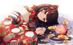  1girl :3 animal_ears ball blush brown_hair closed_mouth commentary_request dog_ears feet_out_of_frame floral_print floral_print_kimono flower flower_request hair_ribbon heterochromia inui_toko inui_toko_(kimono) japanese_clothes kimono light_smile long_hair long_sleeves looking_at_viewer lying mashico_ocihsam nijisanji obi obijime on_side orange_flower own_hands_together print_kimono red_eyes red_kimono red_ribbon ribbon sash solo temari_ball virtual_youtuber white_background white_sash yellow_eyes 