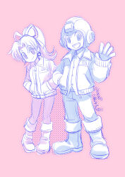 1boy 1girl android ariga_hitoshi boots closed_mouth commentary_request earrings full_body hair_ribbon hand_in_pocket hands_in_pockets helmet highres jacket jewelry limited_palette long_hair looking_at_viewer mega_man_(character) mega_man_(classic) mega_man_(series) monochrome open_mouth pants pantyhose ponytail ribbon roll_(mega_man) smile waving 