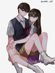  antenna_hair black_hair brother_and_sister commentary gokun highres hug looking_at_viewer mari_(faraway)_(omori) mari_(omori) omori pleated_skirt shorts siblings sitting sitting_on_lap sitting_on_person skirt socks sunny_(omori) 