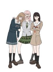  3girls ^_^ bang_dream! bang_dream!_it's_mygo!!!!! black_hair black_socks blue_shirt blue_skirt brown_dress brown_hair brown_shoes chihaya_anon closed_eyes commentary diagonal-striped_clothes diagonal-striped_necktie dress fang forced_smile green_necktie green_skirt grey_jacket grey_neckerchief hanasakigawa_school_uniform hand_on_another's_shoulder hand_on_own_arm haneoka_school_uniform highres jacket long_hair long_sleeves multiple_girls nagasaki_soyo neckerchief necktie pink_hair pleated_dress pleated_skirt sailor_collar sailor_dress school_uniform shiina_taki shirt shoes simple_background skirt socks striped_clothes striped_necktie untranslatable_commentary white_background white_sailor_collar woowoososo 