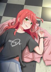  1girl absurdres black_shirt blue_skirt blush bocchi_the_rock! cable_tie cable_tie_around_wrist checkered_floor collarbone commentary cowboy_shot green_eyes highres jacket kessoku_band_logo kessoku_band_t-shirt kita_ikuyo long_hair looking_at_viewer lying midriff_peek on_back on_floor pink_jacket red_hair shirt short_sleeves sim_evo skirt smile solo 