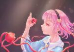  1girl blue_shirt blurry bokeh depth_of_field frilled_shirt_collar frills from_side glint hairband hand_up heart highres holding komeiji_satori light_smile lips looking_at_object pink_eyes pink_hair profile shirt simple_background sleeves_past_elbows solo tareme third_eye touhou upper_body wide_sleeves xiaoice0209 