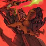  dragon_gundam fighting_stance g_gundam green_eyes gundam highres holding holding_staff mecha olympia_sweetman open_hand red_background science_fiction solo staff symbol-only_commentary v-fin 
