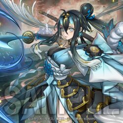  1girl anonymous_(yu-gi-oh!) arm_guards bell blonde_streaks blue_eyes choker cowbell duel_monster good_luck_knot gradient_background hair_bun holding holding_sword holding_weapon horns looking_at_viewer mikumari_the_sealing_deity_asutra multicolored_hair obi obiage official_art pink_lips rope sample_watermark sash shimenawa single_bare_shoulder single_horn streaked_hair sword watermark weapon white_hair yu-gi-oh! 