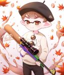  1boy black_headwear child closed_mouth commentary english_commentary gun highres holding holding_gun holding_weapon leaf looking_at_viewer male_focus nemui_nemuminn pointy_ears rifle science_fiction scope solo splatoon_(series) weapon 