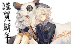  1boy 2022 armor black_hat black_jacket candy_(pixiv15231759) chinese_commentary chinese_zodiac closed_mouth colored_eyelashes commentary_request emblem feet_out_of_frame flower_knot freckles gokotai gokotai_(kiwame) hair_flaps hair_over_one_eye hat highres jacket japanese_armor jewelry knee_pads knees_up kote long_sleeves looking_at_viewer male_focus one_eye_covered peaked_cap pendant petting raised_inner_eyebrows shirt short_hair sideways_hat simple_background single_arm_guard sitting sleeves_past_wrists smile solo tiger touken_ranbu turtleneck turtleneck_shirt white_background white_eyelashes white_hair white_shirt white_tiger year_of_the_tiger yellow_eyes 
