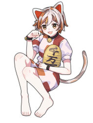  1girl :3 absurdres animal_ears barefoot bell brown_streaks calico_(pattern) cat_ears cat_girl cat_tail coin commentary_request feet full_body gold goutokuji_mike grey_hair highres jingle_bell koban_(gold) looking_at_viewer multicolored_hair multicolored_shirt multicolored_skirt multicolored_tail neck_bell nnn_lu one-hour_drawing_challenge open_mouth orange_streaks patchwork_clothes paw_pose puffy_short_sleeves puffy_sleeves shirt short_hair short_sleeves simple_background single_paw_pose skirt smile solo streaked_hair tail toes touhou translation_request white_background 