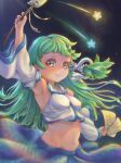  1girl absurdres arm_above_head armpits breasts closed_mouth glint gohei green_eyes green_hair highres holding holding_stick kochiya_sanae long_hair looking_at_viewer midriff navel no_eyebrows shooting_star short_bangs skirt small_breasts smile solo star_(symbol) star_in_eye stick symbol_in_eye touhou xiaoice0209 