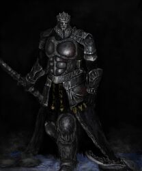  1boy ano68121619_ds armor black_skirt breastplate champion_gundyr commentary_request dark_souls_(series) dark_souls_iii faulds gauntlets greaves helmet highres holding holding_polearm holding_weapon iudex_gundyr mask muscle_cuirass pauldrons polearm shoulder_armor skirt solo weapon 