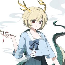  1girl antlers artist_request blonde_hair blue_bow blue_shirt bow chinese_commentary closed_mouth commentary_request dragon_girl dragon_tail fur-tipped_tail green_skirt highres holding horns kicchou_yachie long_sleeves looking_at_viewer red_eyes red_nails shirt short_hair skirt smile smoke solo square_neckline tail touhou turtle_shell yellow_horns 