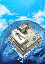  1girl blue_sky chair closed_eyes commentary_request computer demizu_posuka fish fishing_rod flag highres laptop ocean on_bed original paper sky sleeping sos swivel_chair 