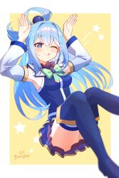  1girl absurdres aqua_(konosuba) bawnzee blue_eyes blue_hair blue_skirt blue_thighhighs blue_vest blush border commentary highres kono_subarashii_sekai_ni_shukufuku_wo! long_hair looking_at_viewer one_eye_closed rabbit_pose skirt smile solo star_(symbol) thigh-highs tongue tongue_out vest white_border yellow_background 