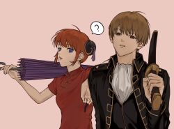  1boy 1girl ? ahoge ascot blue_eyes brown_eyes brown_hair bun_cover chinese_clothes chinese_commentary closed_umbrella commentary_request dress gintama hair_bun highres holding holding_sword holding_weapon kagura_(gintama) katana looking_at_viewer okita_sougo orange_hair over_shoulder parted_lips pink_background purple_umbrella qipao red_dress shanghai_neckline shinsengumi_(gintama) short_hair simple_background spoken_question_mark sword sword_over_shoulder umbrella umbrella_over_shoulder upper_body vv_dot weapon weapon_over_shoulder white_ascot 