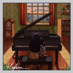  1boy 1girl bookshelf brother_and_sister carpet clock commentary deviantart_sample dress english_commentary grandfather_clock image_sample indoors instrument kyhira leaning_on_person mari_(omori) omori piano playing_instrument playing_piano siblings sunny_(omori) window 