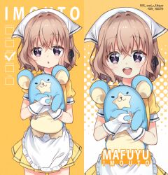  1girl :d :o apron arami_o_8 black_trim blend_s blush brown_hair character_name checkmark collared_shirt contrast_collar crossed_bangs frilled_apron frills gloves hair_between_eyes halftone halftone_background headscarf holding holding_stuffed_toy hoshikawa_mafuyu medium_hair miniskirt multiple_views open_mouth pixiv_id pleated_skirt puffy_short_sleeves puffy_sleeves round_teeth shirt short_sleeves sidelocks skirt smile solo standing star_(symbol) stile_uniform straight-on stuffed_animal stuffed_mouse stuffed_toy teeth upper_teeth_only variant_set violet_eyes waist_apron white_apron white_gloves white_headscarf yellow_background yellow_shirt yellow_skirt 