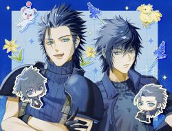  2boys armor black_gloves black_hair black_jacket black_shirt blue_background blue_border blue_eyes blue_flower border chibi chibi_inset chocobo commentary_request crisis_core:_final_fantasy_vii cross_scar crossed_arms final_fantasy final_fantasy_vii final_fantasy_xv flower gloves grid_background highres in-franchise_crossover jacket lily_(flower) male_focus moogle multiple_boys noctis_lucis_caelum open_clothes open_jacket open_mouth outside_border parted_lips ribbed_sweater scar scar_on_cheek scar_on_face shirt shoulder_armor sleeveless sleeveless_turtleneck sparkle spiky_hair suspenders sweater towa_towa_riku turtleneck turtleneck_sweater upper_body yellow_flower zack_fair 