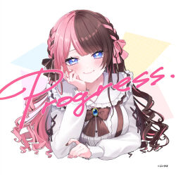  1girl arm_rest artist_request blue_eyes blue_gem blush bow brown_bow brown_hair brown_nails brown_ribbon check_artist commentary_request copyright_name copyright_notice cropped_torso elbow_rest gem hand_on_own_face long_hair long_sleeves looking_at_viewer multicolored_hair nail_polish official_art pink_hair pink_nails pink_ribbon ribbon ringlets second-party_source shirt smile solo song_name tachibana_hinano tachibana_hinano_(1st_costume) two-tone_hair upper_body virtual_youtuber vspo! white_background white_shirt zuizui_11 