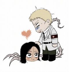 2boys armband black_boots black_hair blonde_hair boots busungm coat commentary_request eren_yeager green_pants heart highres implied_yaoi korean_commentary long_hair looking_at_another male_focus multiple_boys necktie pants red_armband reiner_braun surprised white_coat wide-eyed worm 