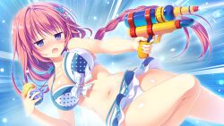  1girl bare_legs bikini blue_eyes blush breasts collarbone da_capo da_capo_iv dutch_angle emphasis_lines frilled_bikini frills game_asset hair_ornament highres holding holding_water_gun large_breasts looking_at_viewer multicolored_bikini navel non-web_source nose_blush open_mouth pink_hair self-datamine shirakawa_hiyori swimsuit takano_yuki_(allegro_mistic) water_gun water_yoyo white_bikini 