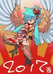  1girl 2017 bangs bird_legs black_panties blue_hair blush breasts china_dress chinese_clothes commentary_request dress eyebrows_visible_through_hair feathered_wings floral_print flower folded_ponytail full_body green_eyes hair_flower hair_ornament harpy highres long_hair looking_at_viewer monster_girl original panties pointy_ears red_dress red_flower rising_sun side-tie_panties sideboob small_breasts solo sunburst tomatojam underwear winged_arms wings 