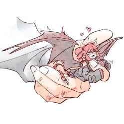  1girl 1other ahoge artist_name black_shirt black_skirt black_sleeves blush chimera demon_wings detached_sleeves disembodied_hand double-parted_bangs drill_hair drooling fang fingernails hair_between_eyes hato_no_mune_wo_momitai heart holding holding_mini_person kasane_teto kasane_teto_(utau) looking_up mini_person minigirl petting pleated_skirt red_eyes red_hair red_trim shirt shoulder_blush sidelocks simple_background skirt sleeveless sleeveless_shirt sleeves_past_wrists sweat tail_belt tearing_up twin_drills twitter_username utau white_background wings 