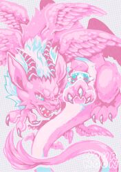  1girl absurdres blue_eyes bracelet claws digimon digimon_(creature) dragon fangs grid_background growling highres holydramon horns hournoon jewelry looking_down multiple_wings open_mouth pink_fur pink_theme solo spiked_bracelet spikes white_fur wings 