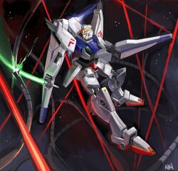  absurdres asymmetrical_dual_wielding battle beam_rifle cable commentary_request crossbone_vanguard dual_wielding duel earth_federation energy_gun energy_sword f91_gundam firstw1 gundam gundam_f91 highres holding holding_energy_gun holding_sword holding_weapon mecha mecha_focus mobile_armor mobile_suit no_humans rafflesia_(gundam) realistic robot scene_reference science_fiction space star_(sky) sword thrusters v-fin weapon zero_gravity 