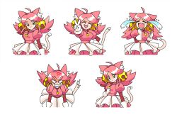  1girl anger_vein angry animal_ears bell cat_ears cat_girl cat_tail claire_belton concept_art crying deltarune dress fang gloves green_eyes hair_bell hair_ornament heart heart_necklace highres jewelry mad_mew_mew multiple_views necklace official_art pink_dress pink_frills pink_hair puffy_short_sleeves puffy_sleeves short_sleeves smile solo spoilers sprite streaming_tears tail tears utdr_(toby_fox) v white_gloves 
