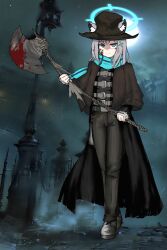 1girl absurdres alternate_costume animal_ear_fluff animal_ears axe black_coat black_hat black_pants black_shoes blood blood_on_face blood_on_weapon bloodborne blue_archive blue_eyes blue_halo blue_scarf closed_mouth coat commentary_request cross_hair_ornament ears_through_headwear father_gascoigne grey_halo hair_ornament halo hat highres holding holding_axe korean_commentary looking_at_viewer open_clothes open_coat pants scarf shaded_face shiroko_(blue_archive) shoes solo weapon wolf_ears wolf_girl yoon_poodle 