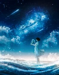  1girl absurdres black_hair bouquet check_commentary clouds commentary_request dress galaxy highres holding holding_bouquet kaya_(nor_ni) meteor_shower original scenery short_hair sky star_(sky) wading waves white_dress wind wind_lift 