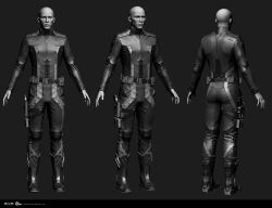  1boy 3d bald belt blender_(medium) bodysuit boots closed_mouth commentary company_logo copyright_logo copyright_name dated english_commentary eve_online from_behind full_body grey_background grey_belt greyscale gun handgun highres holster holstered lips logo long_sleeves marmoset_toolbag_(medium) maya_(medium) monochrome multiple_views nose official_art realistic science_fiction standing thigh_holster undoz weapon zbrush_(medium) 