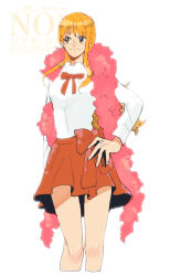  1girl bow bowtie brown_eyes closed_mouth commentary_request earrings feet_out_of_frame fur_scarf hand_on_own_hip highres jewelry knees long_hair long_sleeves nami_(one_piece) official_alternate_costume one_piece one_piece_heroines orange_hair pearl_earrings pink_scarf red_bow red_bowtie red_skirt scarf shirt sidelocks simple_background skirt smile solo standing white_background white_shirt yuu_(youandtoufu06) 