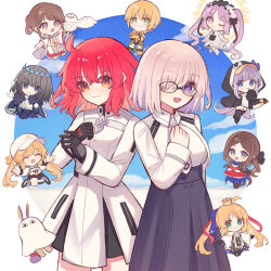  2boys 6+girls :d ;) ahoge artoria_caster_(fate) artoria_caster_(swimsuit_berserker)_(first_ascension)_(fate) artoria_caster_(third_ascension)_(fate) artoria_pendragon_(fate) bird black_bow black_gloves black_hair blonde_hair blue_bow blue_eyes bow brown_hair chibi chibi_inset closed_mouth collared_dress command_spell commentary_request crown dress euryale_(fate) eyes_visible_through_hair fate/grand_order fate_(series) fujimaru_ritsuka_(female) fujimaru_ritsuka_(female)_(decisive_battle_chaldea_uniform) glasses gloves green_eyes hair_bow hair_over_one_eye hand_on_own_chest hat highres jason_(fate) johanna_(fate) johanna_(first_ascension)_(fate) koromo_(osakana0525) leonardo_da_vinci_(fate) leonardo_da_vinci_(rider)_(fate) leonardo_da_vinci_(rider)_(first_ascension)_(fate) long_hair long_sleeves looking_at_viewer low_ponytail mash_kyrielight mash_kyrielight_(chaldea_uniform) medium_hair meltryllis_(fate) meltryllis_(swimsuit_lancer)_(fate) meltryllis_(swimsuit_lancer)_(first_ascension)_(fate) multiple_boys multiple_girls nitocris_(fate) nitocris_(swimsuit_assassin)_(fate) nitocris_(swimsuit_assassin)_(first_ascension)_(fate) oberon_(fate) oberon_(third_ascension)_(fate) one_eye_closed open_mouth owl pink_hair ponytail purple_hair short_hair smile twintails violet_eyes white_dress white_hat wing_collar wings 