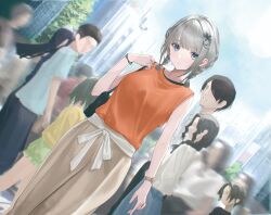  1girl absurdres bag blue_eyes blunt_bangs blurry blurry_background bow bracelet braid breasts commentary_request crew_neck dutch_angle feet_out_of_frame grey_hair grey_pants highres holding_strap houkago_no_seijo-san_ga_toutoi_dake_ja_nai_koto_wo_ore_wa_shitteiru jewelry lens_flare low_twin_braids medium_breasts medium_hair orange_shirt outdoors pants parted_lips people shirase_seira shirt shirt_tucked_in shoulder_bag sleeveless sleeveless_shirt solo_focus takubon twin_braids waist_bow watch watch 