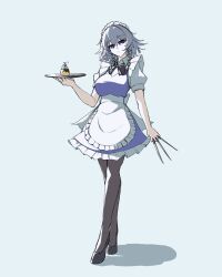 1girl apron back_bow between_fingers black_shoes blue_background blue_dress blue_eyes bow braid brown_pantyhose cherry collared_shirt commentary_request dress food fruit full_body green_bow grey_hair hair_bow highres holding holding_knife holding_tray izayoi_sakuya knife knives_between_fingers long_hair looking_at_viewer maid maid_headdress pantyhose pinafore_dress pudding shirt shoes sleeveless sleeveless_dress solo tenx2_1341 touhou tray twin_braids waist_apron white_apron white_bow white_shirt 